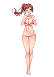 Rule 34 | 1girl, :d, barefoot, bikini, blush, breasts, brown hair, cleavage, collarbone, commentary request, crossed ankles, feet, full body, gluteal fold, highres, idolmaster, idolmaster cinderella girls, igarashi kyoko, knees, large breasts, long hair, nakasima-syouta, navel, open mouth, own hands together, pink bikini, ponytail, scrunchie, simple background, smile, solo, standing, swimsuit, toes, tongue, white background