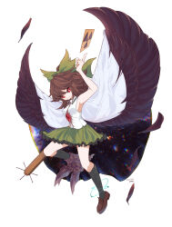 Rule 34 | 1girl, absurdres, arm cannon, artist name, bare arms, black socks, black wings, bow, brown footwear, brown hair, cape, closed mouth, collared shirt, commentary request, dated, feathered wings, feathers, frilled shirt collar, frilled skirt, frills, full body, green bow, green skirt, hair bow, hamriku, highres, kneehighs, loafers, long hair, looking at viewer, pointing, pointing up, radiation symbol, red eyes, reiuji utsuho, shirt, shoes, simple background, skirt, sleeveless, sleeveless shirt, smile, socks, solo, touhou, weapon, white background, white cape, white shirt, wings