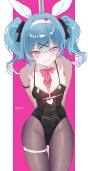 Rule 34 | 1girl, absurdres, animal ears, bare shoulders, black bow, black leotard, blue eyes, blue hair, blush, bow, breasts, brown pantyhose, commentary request, facial mark, fake animal ears, groin, hair bow, hair ornament, hairband, haruri, hatsune miku, highres, leotard, long hair, looking at viewer, pantyhose, pink background, playboy bunny, pole, rabbit ears, rabbit hole (vocaloid), small breasts, smile, solo, thigh gap, twintails, two-tone background, white background, white hairband, x hair ornament