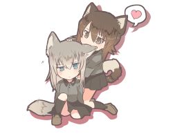Rule 34 | 10s, animal ears, biting, black skirt, black socks, blush, brown footwear, closed mouth, commentary, dog ears, dog tail, dress shirt, ear biting, full body, girls und panzer, grey shirt, hand on another&#039;s head, hand on another&#039;s shoulder, heart, highres, itsumi erika, kemonomimi mode, kneehighs, kneeling, kuromorimine school uniform, light frown, loafers, long hair, long sleeves, looking at another, miluke, miniskirt, motion lines, nishizumi maho, pleated skirt, school uniform, shirt, shoes, short hair, sitting, skirt, socks, spoken heart, sweatdrop, tail, tail wagging, transparent background