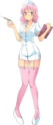 Rule 34 | 1girl, absurdres, breasts, full body, hat, highres, joakim waller, large breasts, muja kina, nurse, nurse cap, official art, open clothes, pink hair, purple eyes, simple background, solo, syringe, white background, yandere simulator
