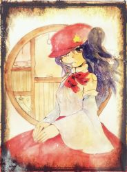 Rule 34 | 1girl, detached sleeves, dolls in pseudo paradise, expressionless, hat, label girl (dipp), long hair, looking at viewer, neck ribbon, painting (medium), purple eyes, purple hair, ribbon, shiz (#0077), side ponytail, skirt, solo, touhou, traditional media, watercolor (medium), window