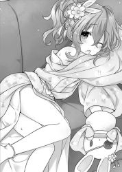 Rule 34 | 10s, 1girl, couch, date a live, greyscale, hair between eyes, hair ornament, highres, indoors, japanese clothes, kimono, long hair, looking at viewer, monochrome, novel illustration, official art, one eye closed, open mouth, ponytail, solo, sweatdrop, tsunako, yoshino (date a live), yoshinon, yukata