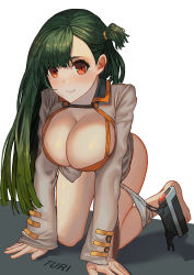 Rule 34 | artist name, bad id, bad pixiv id, blush, breasts, cleavage, commentary, commentary request, dinergate (girls&#039; frontline), g28 (girls&#039; frontline), girls&#039; frontline, green hair, highres, large breasts, long hair, looking at viewer, orange eyes, panties, panties around leg, smile, solo, turi, underwear