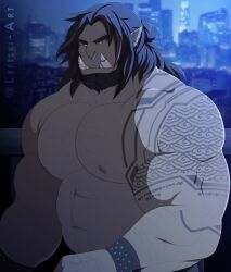 Rule 34 | 1boy, bara, beard, belly, bright pupils, cityscape, colored skin, facial hair, green skin, highres, huge pectorals, leftski art, long hair, looking at viewer, male focus, mature male, monster boy, muscular, muscular male, nipples, nose piercing, nose ring, orc, original, piercing, pointy ears, ponytail, sanpaku, solo, sparse arm hair, sparse chest hair, strongman waist, thick arms, thick eyebrows, topless male, tusks, upper body