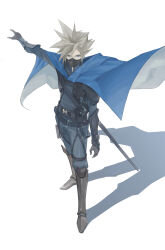 Rule 34 | 1boy, absurdres, arm armor, armor, armored boots, belt, black gloves, black pants, black shirt, blonde hair, blue cape, blue eyes, boots, cape, chest strap, cloud strife, commentary, covered mouth, dododo, final fantasy, final fantasy vii, final fantasy vii remake, from above, full body, glaring, gloves, gold saucer, grey footwear, high collar, highres, knight, long sleeves, male focus, mask, mouth mask, official alternate costume, outstretched arm, pants, scabbard, serious, shadow, sheath, shirt, short hair, shoulder armor, shoulder strap, simple background, solo, spiked hair, sword, thigh strap, weapon, white background