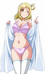 Rule 34 | 10s, 1girl, ;), bikini, blonde hair, blush, bow, bow panties, bra, braid, breasts, cleavage, crown braid, frilled bra, frills, hair rings, highres, index finger raised, large breasts, looking at viewer, love live!, love live! sunshine!!, navel, ohara mari, one eye closed, panties, pink bikini, pink bra, pink panties, simple background, smile, solo, swimsuit, thigh gap, thighhighs, thighs, underwear, white background, white thighhighs, wink, yellow eyes, yopparai oni