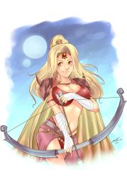 Rule 34 | 1990s (style), 1girl, arcbuncle, armor, arrow (projectile), belt, blonde hair, bow (weapon), breasts, brown eyes, cape, circlet, cleavage, cloud, final fantasy, final fantasy iv, full moon, gauntlets, huge breasts, large breasts, long hair, midriff, moon, navel, pauldrons, ponytail, rosa farrell, sarong, shoulder armor, sky, smile, solo, thighs, weapon
