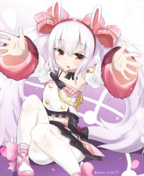 Rule 34 | 1girl, absurdres, animal ears, azur lane, black choker, black ribbon, black skirt, bow, buttons, choker, dated, detached sleeves, double-breasted, footwear bow, hair bow, hairband, heart, highres, klaius, laffey (azur lane), laffey (bunny idol @unmotivated) (azur lane), long sleeves, looking at viewer, miniskirt, pantyhose, parted lips, pink footwear, rabbit ears, red eyes, red hairband, ribbon, ribbon choker, shoes, sitting, skirt, solo, twintails, twitter username, white hair, white pantyhose