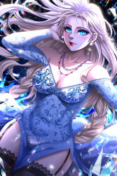 1girl absurdres black_thighhighs blonde_hair blue_dress blue_eyes braid breasts cleavage commentary covered_navel dress earrings elsa_(frozen) english_commentary frozen_(disney) garter_straps highres ice jewelry lace lace-trimmed_legwear lace_trim long_hair low_twin_braids medium_breasts necklace off-shoulder_dress off_shoulder red_lips roland-gin smile solo thighhighs twin_braids very_long_hair