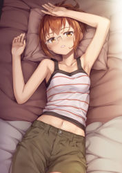 Rule 34 | 10s, 1girl, armpits, arms up, bare arms, bare shoulders, bed sheet, blush, breasts, brown eyes, brown hair, brown shorts, camisole, chio-chan no tsuugakuro, collarbone, commentary request, fingernails, glasses, hand on own head, head tilt, highres, lying, miyamo chio, on back, parted lips, pillow, short hair, short shorts, shorts, small breasts, solo, striped, striped camisole, sweat, tomifumi, white camisole