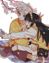 Rule 34 | 1boy, 1girl, alluka zoldyck, alternate costume, bag, black bag, black hair, black shorts, blue eyes, bright pupils, brother and sister, cardigan, cellphone, cherry blossoms, converse, dress shirt, falling petals, flower, flower hairband, hairband, handbag, hat babo, highres, holding, holding phone, hunter x hunter, killua zoldyck, long hair, long sleeves, open mouth, outdoors, petals, phone, picnic blanket, pink flower, pink petals, selfie, shirt, short hair, shorts, siblings, simple background, sitting, sitting on person, smartphone, smile, spiked hair, v, white background, white hair, white pupils, white shirt, yellow cardigan