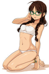 Rule 34 | 1girl, akizuki ritsuko, anklet, antenna hair, arm support, bandeau, barefoot, bikini, braid, breasts, brown eyes, brown hair, covered erect nipples, full body, glasses, green-framed eyewear, groin, hand on own head, idolmaster, idolmaster (classic), jewelry, kneeling, long hair, looking at viewer, luncheon meat umai, medium breasts, navel, open mouth, simple background, solo, strapless, swimsuit, tube top, twin braids, twintails, white background, white bandeau, white bikini