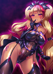 Rule 34 | 1girl, alternate color, amanogawa kirara, areola slip, aura, black gloves, black thighhighs, blunt bangs, blush, body writing, breasts, cameltoe, chain, cleavage, cleft of venus, clothing cutout, contrapposto, corruption, covered erect nipples, cowboy shot, cuffs, cure twinkle, curvy, dark-skinned female, dark persona, dark skin, detached collar, dutch angle, earrings, elbow gloves, english text, facial tattoo, finger to mouth, garter straps, glint, gloves, glowing, go! princess precure, grin, hair ornament, half-closed eyes, heart, heart tattoo, highleg, highleg leotard, highres, hip focus, impossible clothes, impossible leotard, jewelry, large breasts, leotard, light brown hair, lips, long hair, looking at viewer, low-tied long hair, magical girl, microskirt, multicolored hair, naughty face, navel, navel cutout, nipples, pink eyes, pink hair, pleated skirt, precure, pubic tattoo, pussy juice, quad tails, sagging breasts, satou kuuki, see-through, shiny clothes, showgirl skirt, skirt, smile, solo, standing, star (symbol), strapless, strapless leotard, tattoo, thick thighs, thighhighs, thighs, two-tone hair, very long hair, wide hips