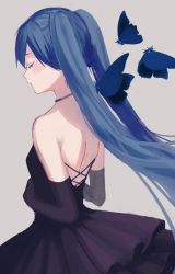 Rule 34 | 1girl, back, backless dress, backless outfit, bare shoulders, black dress, blue hair, blush, bug, butterfly, dress, elbow gloves, closed eyes, gloves, grey background, hatsune miku, bug, long hair, p2 (uxjzz), parted lips, simple background, solo, twintails, very long hair, vocaloid