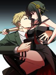 Rule 34 | 1boy, 1girl, aiming, bare shoulders, black dress, black thighhighs, blonde hair, braid, breasts, closed mouth, collared shirt, deep skin, dress, earrings, eye contact, face-to-face, finger on trigger, fingerless gloves, floral print, flower, formal, gloves, gradient hair, green hair, green jacket, gun, hair flower, hair ornament, hairband, hand on another&#039;s back, handgun, holding, holding gun, holding weapon, jacket, jewelry, knee up, lanlanlap, large breasts, lipstick, long hair, long sleeves, looking at another, makeup, mexican standoff, multicolored hair, necktie, outstretched arm, parted lips, profile, red eyes, red hair, red necktie, rose, shirt, short hair, side slit, sidelocks, sleeveless, sleeveless dress, spikes, spy x family, streaked hair, suit, thighhighs, twilight (spy x family), two-sided fabric, two-sided skirt, updo, weapon, white shirt, yellow flower, yellow rose, yor briar