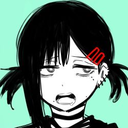 Rule 34 | 1girl, absurdres, aqua background, black hair, blush, chain, chainsaw man, ear piercing, geromi (st 3924), hair ornament, hairclip, half-closed eyes, higashiyama kobeni, highres, looking at viewer, mole, mole under eye, monochrome, open mouth, piercing, short twintails, simple background, solo, twintails