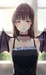 Rule 34 | 1girl, arms behind back, artist name, brown hair, choker, collarbone, demon wings, fang, fang out, frills, highres, lens flare, long hair, looking to the side, original, pointy ears, purple eyes, solo, spaghetti strap, taut clothes, tight (ohmygod), upper body, wings