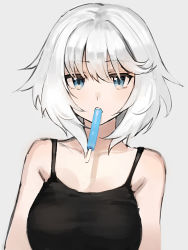 Rule 34 | 1girl, bare shoulders, black camisole, blue eyes, blush, breasts, camisole, collarbone, commentary request, food, food in mouth, grey background, hair between eyes, highres, looking at viewer, medium breasts, mouth hold, original, parted lips, popsicle, round teeth, ryokucha manma, silver hair, simple background, solo, teeth, upper body, upper teeth only
