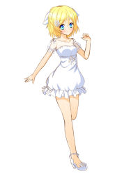 Rule 34 | akarin (sakuraakarin), arm up, blonde hair, blue eyes, blush, bow, breasts, daisy, dress, fairy dress (module), flower, frills, hair flower, hair ornament, hair ribbon, kagamine rin, looking at viewer, non-web source, outstretched arm, project diva (series), project diva f 2nd, ribbon, short dress, short hair, short sleeves, small breasts, standing, standing on one leg, vocaloid, white dress, white flower, white footwear