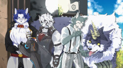 Rule 34 | 4boys, absurdres, ao gravity, ascot, beastars, black vest, blue sky, cloud, commentary request, crossed arms, fangs, flag, full moon, furry, furry male, grass, highres, horns, legoshi, looking at another, looking at viewer, male focus, maou-jou de oyasumi, moon, multiple boys, night, night sky, open mouth, prosthesis, prosthetic leg, ranga (tensei shitara slime datta ken), red ascot, red siberian-kai, round eyewear, shirt, sky, suspenders, tensei shitara slime datta ken, tongue, tongue out, vest, von lycaon, white shirt, wolf, wolf boy, zenless zone zero