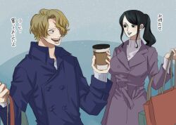 Rule 34 | 1boy, 1girl, bag, black hair, blonde hair, blue coat, blue eyes, breasts, coat, cup, disposable cup, holding, holding cup, large breasts, long hair, looking at another, nico robin, nsgw, one piece, ponytail, sabo (one piece), short hair, smile, translation request