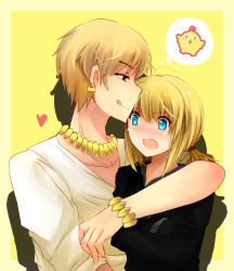 Rule 34 | 1boy, 1girl, :q, ahoge, artoria pendragon (all), artoria pendragon (fate), bird, blonde hair, blue eyes, bracelet, casual, chick, earrings, fate/stay night, fate/zero, fate (series), formal, gilgamesh (fate), hetero, jewelry, necklace, official alternate costume, pant suit, pants, red eyes, revanche, saber (fate), short hair, suit, thought bubble, tongue, tongue out