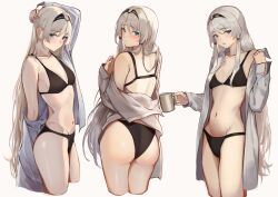 Rule 34 | 1girl, 3 small spiders, absurdres, an-94 (girls&#039; frontline), ass, bikini, black bikini, black hairband, blue eyes, blush, breasts, collared shirt, commentary request, cropped legs, cup, girls&#039; frontline, grey hair, hairband, highres, holding, holding cup, long hair, long sleeves, looking at viewer, mug, multiple views, navel, open clothes, open shirt, shirt, sidelocks, simple background, small breasts, swimsuit, very long hair, white background, white shirt