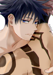 Rule 34 | 2boys, arm around back, back, back tattoo, black hair, blue eyes, closed mouth, collarbone, commentary request, eyelashes, fingernails, from behind, fushiguro megumi, hair between eyes, jujutsu kaisen, looking at viewer, male focus, multiple boys, neck tattoo, nori20170709, nose, pink hair, ryoumen sukuna (jujutsu kaisen), short hair, shoulder tattoo, simple background, spiked hair, tattoo, topless male, undercut, white background, yaoi