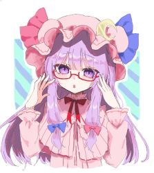 Rule 34 | 1girl, blue bow, bow, capelet, commentary request, crescent, crescent pin, glasses, hair bow, hat, long hair, long sleeves, looking at viewer, mob cap, open mouth, patchouli knowledge, pink capelet, pink hat, purple eyes, purple hair, red-framed eyewear, red bow, rori82li, semi-rimless eyewear, sidelocks, solo, touhou, under-rim eyewear, upper body