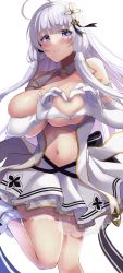 Rule 34 | 1girl, ahoge, azur lane, bare shoulders, blue eyes, breasts, breasts out, brown ribbon, clothing cutout, commentary, dress, elbow gloves, gloves, headpiece, heart, heart-shaped boob challenge, heart hands, highres, huge breasts, idol, illustrious (azur lane), illustrious (muse) (azur lane), jacket, layered dress, leg up, long hair, low tied hair, navel, ribbon, see-through, short dress, simple background, sleeveless, solo, stomach cutout, very long hair, wee (weeyy), white background, white dress, white footwear, white gloves, white hair, white jacket