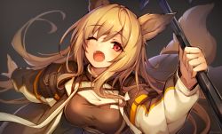 Rule 34 | 1girl, ;d, animal ears, arknights, blush, breasts, brown hair, ceobe (arknights), dog ears, fang, floating hair, hair between eyes, holding, holding staff, imo be, jacket, large breasts, long hair, long sleeves, looking at viewer, one eye closed, open clothes, open jacket, open mouth, red eyes, sidelocks, smile, solo, staff, tail, very long hair, weapon