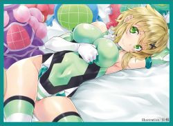 Rule 34 | 1girl, akatsuki kirika, arm up, bad id, bad twitter id, bare shoulders, bed, bed sheet, blonde hair, blush, breasts, character doll, cleavage, commentary request, covered navel, elbow gloves, gloves, green eyes, green leotard, hair ornament, large breasts, leotard, looking at viewer, lying, nagayori, noise (symphogear), on back, senki zesshou symphogear, shiny clothes, shiny skin, short hair, solo, striped clothes, striped thighhighs, thighhighs, white gloves, x hair ornament