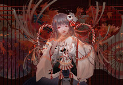 Rule 34 | 1girl, absurdres, akane (contestalt), finger to mouth, fingernails, grey hair, guinu hongye, hair ornament, highres, japanese clothes, jewelry, kimono, long hair, looking at viewer, nail polish, oil-paper umbrella, onmyoji, red eyes, red lips, solo, umbrella, upper body, very long hair, wide sleeves