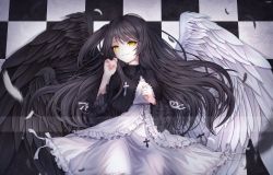 Rule 34 | 1girl, bad id, bad twitter id, black dress, black hair, black wings, breasts, checkered floor, cross, dress, feathered wings, frilled dress, frills, from above, highres, inosia, long hair, looking at viewer, lying, on back, one side up, original, parted lips, sidelocks, small breasts, smile, solo, two-tone dress, very long hair, white dress, white wings, wings, yellow eyes