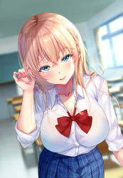 Rule 34 | 1girl, :d, blonde hair, blue eyes, blue skirt, bow, bowtie, breasts, classroom, cleavage, collarbone, collared shirt, commentary request, curtains, hair ornament, tucking hair, highres, indoors, large breasts, leaning forward, long hair, long sleeves, looking at viewer, open mouth, original, plaid, plaid skirt, pleated skirt, red bow, red bowtie, school uniform, shirt, sidelocks, skirt, sleeves rolled up, smile, solo, white shirt, window, x hair ornament, yutsuki tsuzuri, yuzuki tsuzuru
