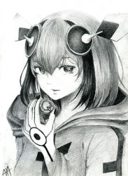 Rule 34 | 10s, 1girl, absurdres, android, dimension w, greyscale, hara1026, headgear, highres, holding, hood, hoodie, looking at viewer, monochrome, multicolored hair, parted lips, power symbol, short hair, signature, solo, streaked hair, traditional media, two-tone hair, upper body, yurizaki mira