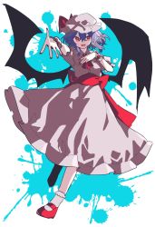 Rule 34 | 1girl, ascot, bat wings, black footwear, black wings, blue hair, bobby socks, bow, commentary, dress, fangs, frilled shirt collar, frills, full body, grey dress, grey hat, hair between eyes, hand on own chest, hat, hat bow, highres, mary janes, miko (miko030751), mob cap, nail polish, one-hour drawing challenge, open mouth, outstretched arm, puffy short sleeves, puffy sleeves, red ascot, red bow, red eyes, red nails, remilia scarlet, shoes, short hair, short sleeves, socks, solo, splotch, teeth, touhou, upper teeth only, waist bow, white socks, wings, wrist cuffs