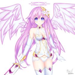 Rule 34 | 1girl, absurdres, artist name, bare shoulders, blue eyes, breasts, cleavage, cosplay, elbow gloves, flower, four goddesses online: cyber dimension neptune, gloves, hair flower, hair ornament, halo, highres, holding, holding sword, holding weapon, jewelry, long hair, looking at viewer, medium breasts, nepgear, neptune (series), power symbol, power symbol-shaped pupils, purple hair, purple heart (neptunia), purple heart (neptunia) (cosplay), purple sister, simple background, smile, solo, sword, symbol-shaped pupils, thighhighs, very long hair, weapon, white background, white gloves, white thighhighs, wings