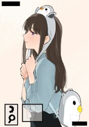 Rule 34 | 1girl, animal bag, animal hood, black hair, blue shirt, blush, commentary request, from side, highres, hood, inoue takina, long hair, long sleeves, lycoris recoil, parted lips, penguin hood, pink background, profile, purple eyes, shiratama draw, shirt, solo, stuffed animal, stuffed penguin, stuffed toy, upper body
