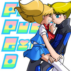 Rule 34 | 1boy, 1girl, blonde hair, blue dress, blue eyes, blue jacket, blush, boomer (ppg), bubbles (ppg), closed eyes, closed mouth, dress, grin, hand on leg, jacket, poking, powerpuff girls, school uniform, sitting, sitting on lap, sitting on person, smile, text background, white background