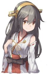 Rule 34 | 10s, 1girl, bare shoulders, black hair, detached sleeves, hair between eyes, hair ornament, hairband, hairclip, haruna (kancolle), kantai collection, long hair, long sleeves, makihitsuji, nontraditional miko, orange eyes, red skirt, ribbon-trimmed sleeves, ribbon trim, simple background, skirt, smile, solo, white background, wide sleeves