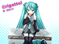 Rule 34 | 1girl, aqua necktie, blouse, blush, character name, collared shirt, frilled shirt, frills, gradient background, green hair, grey shirt, hair between eyes, hatsune miku, knees together feet apart, long hair, necktie, shirt, sitting, sleeveless, sleeveless shirt, solo, song name, thighhighs, totokichi, twintails, very long hair, vocaloid, wallpaper, white background, zettai ryouiki