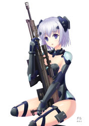 Rule 34 | 10s, 1girl, :o, armor, between legs, blue eyes, blush, bracer, breasts, bullpup, cleavage, collarbone, dance of eternity, date a live, dated, dsr-1, from side, garter straps, gloves, gradient eyes, gun, hair between eyes, hair ornament, hand between legs, hand up, headgear, highres, holding, holding gun, holding weapon, leotard, looking at viewer, medium breasts, multicolored eyes, muzzle device, open mouth, over-kneehighs, purple eyes, rifle, scope, see-through, shiny skin, short hair, signature, silver hair, simple background, sitting, sniper rifle, solo, thigh strap, thighhighs, thighs, tobiichi origami, turtleneck, vambraces, wariza, weapon, white background
