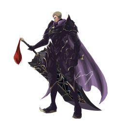 Rule 34 | 1boy, armor, black armor, blonde hair, blue eyes, cape, clawed gauntlets, crazy02oekaki, final fantasy, full body, greatsword, highres, huge weapon, jack garland, looking at viewer, male focus, purple cape, scar, scar on face, short hair, shoulder spikes, simple background, solo, spikes, standing, stranger of paradise: final fantasy origin, sword, very short hair, weapon