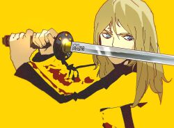 Rule 34 | 1girl, animification, beatrix kiddo, blending, blonde hair, blue eyes, bruce lee&#039;s jumpsuit, covered mouth, film grain, fingernails, hair between eyes, highres, isaacchief300, jumpsuit, katana, kill bill, long hair, looking to the side, simple background, solo, sword, sword guard stance, track suit, upper body, weapon, yellow background, yellow jumpsuit