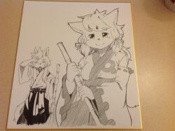 Rule 34 | 2girls, animal ears, animal nose, arm up, bamboo, bare shoulders, blush, breasts, broom, clenched hand, closed eyes, closed mouth, cowboy shot, detached sleeves, female focus, forehead jewel, fox ears, fox girl, fox tail, furry, furry female, greyscale, hair ribbon, hakama, half-closed eyes, hand up, hands up, happy, hip vent, holding, holding broom, japanese clothes, kame (3t), kimono, light blush, long sleeves, looking at viewer, medium breasts, medium hair, miko, monochrome, multiple girls, obi, open mouth, original, photo (medium), ribbon, sash, sidelocks, simple background, sketch, sleeveless, sleeveless kimono, smile, split mouth, standing, sweat, swept bangs, tail, traditional media, white background, wide sleeves, wiping face