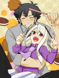 Rule 34 | 1boy, 1girl, age difference, bad id, bad pixiv id, black hair, cigarette, emiya kiritsugu, closed eyes, facial hair, fate/stay night, fate/zero, fate (series), father and daughter, food, hug, illyasviel von einzbern, long hair, necktie, pocky, red eyes, stubble, sweets, tasuku, white hair