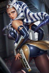 Rule 34 | 1girl, ahsoka tano, bare shoulders, black dress, black sleeves, blue eyes, breasts, detached sleeves, dress, energy sword, facial mark, highres, jedi, large breasts, lightsaber, looking to the side, neoartcore, paid reward available, pantyhose, patreon username, solo, star wars, sword, tan, tentacle hair, togruta, weapon, wrist guards
