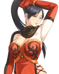 Rule 34 | 1girl, arm up, armpits, bad id, bad pixiv id, black hair, breasts, cleavage, earrings, elbow gloves, gloves, grey eyes, jewelry, large breasts, lian shi, lips, long hair, maou alba, ponytail, shin sangoku musou, side slit, simple background, solo